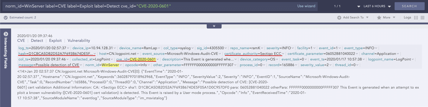 Using LogPoint to detect ChainOfFools/CurveBall attack