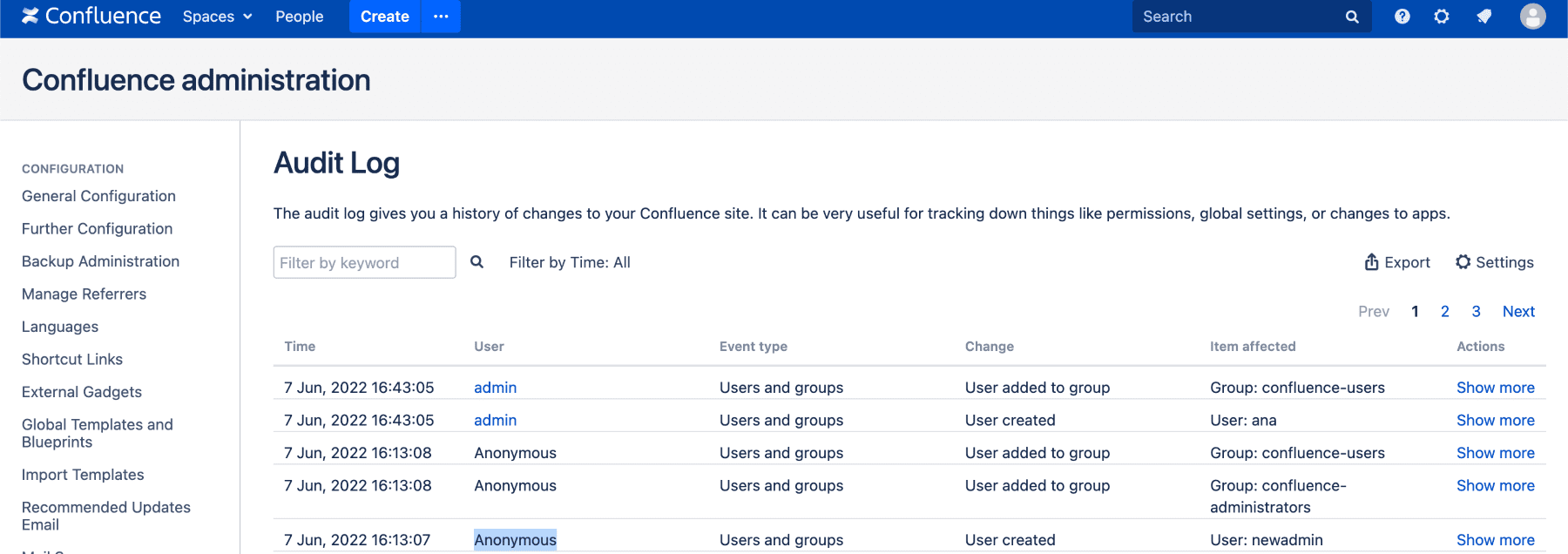 New admin user ‘newadmin’ created by the ‘Anonymous’ user