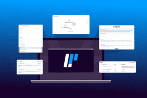 A laptop on a gradient blue and black background. Inside of the laptop screen there is the Logpoint logo and surrounding the laptopn there are different tabs showing parts of the UI of Logpoint.