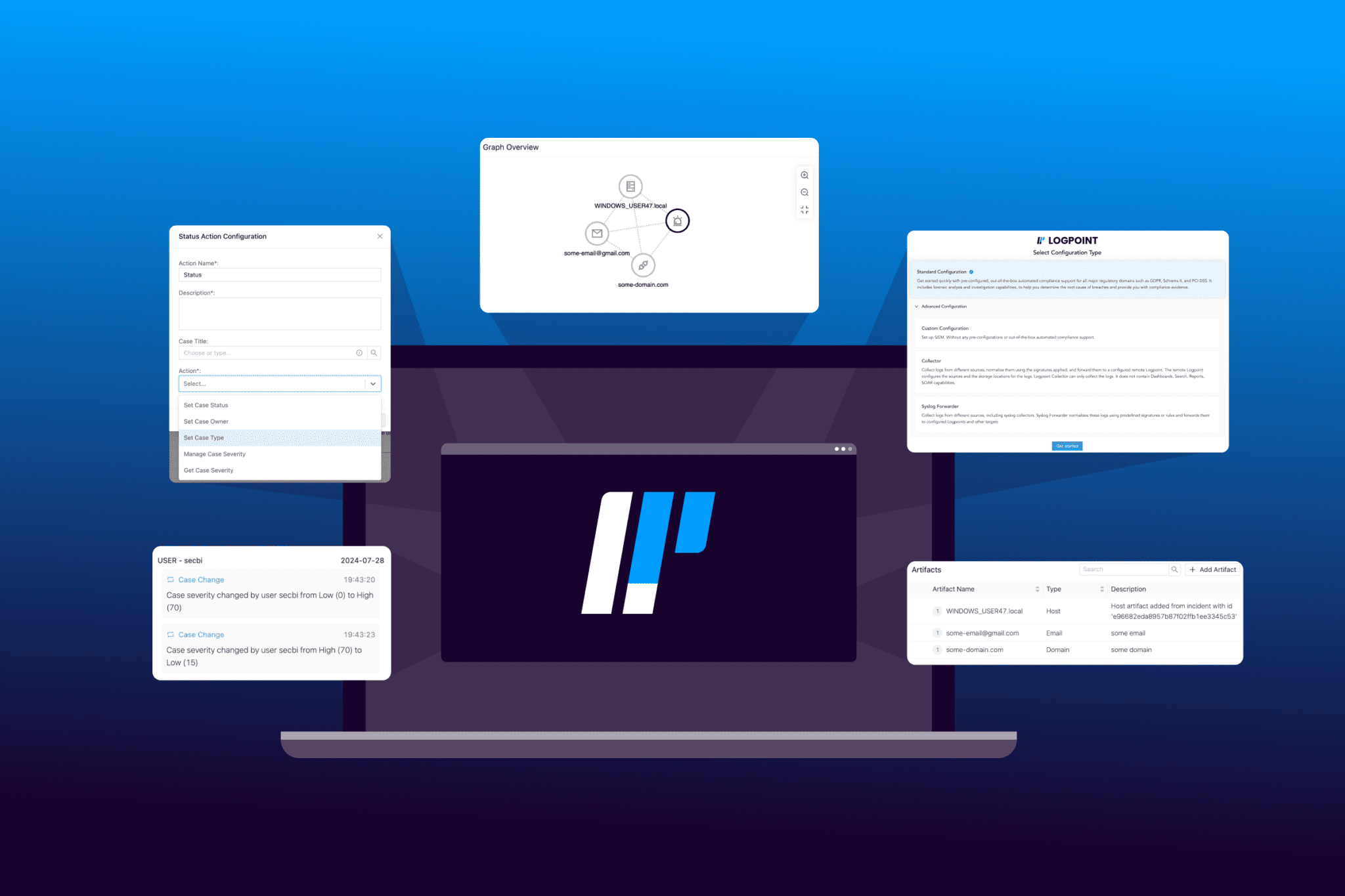 A laptop on a gradient blue and black background. Inside of the laptop screen there is the Logpoint logo and surrounding the laptopn there are different tabs showing parts of the UI of Logpoint.