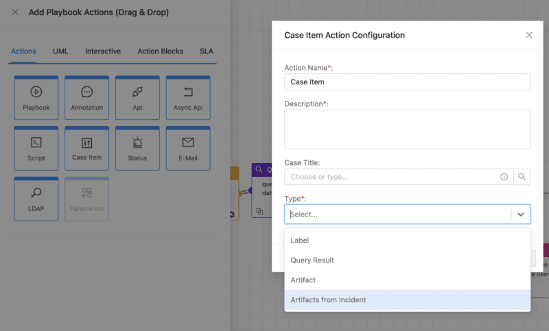 Interface of Logpoint showing playbook case action with a drop-down menu that reads "Artifacts from Incident"