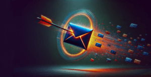 Arrow hitting an a floating envelop, surrounded by a yellow glow, from the envelop multiple other envelops flight towards the right side of the picture.